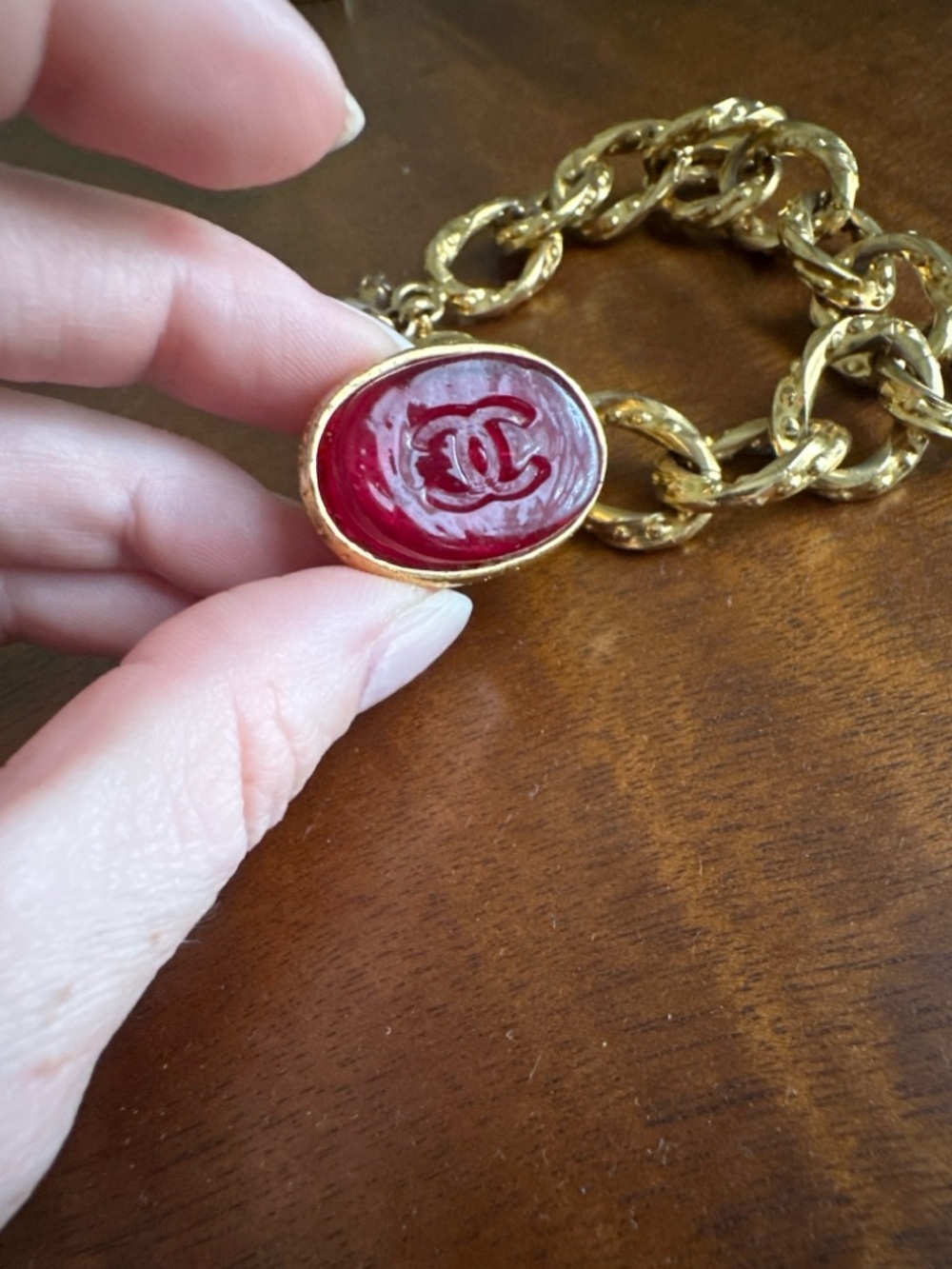 Authentic Chanel Vintage Gold Chain Bracelet w/ Red CC Medallion Charm